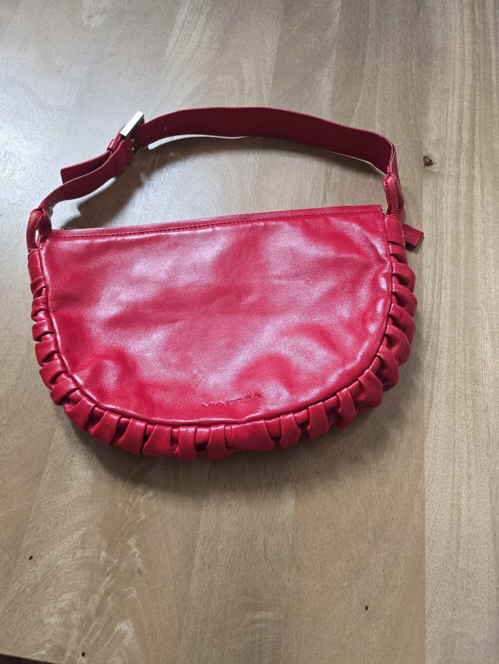 Via Spiga Borse Cherry Red Genuine Leather Curved Shoulder Bag Braided Edge
